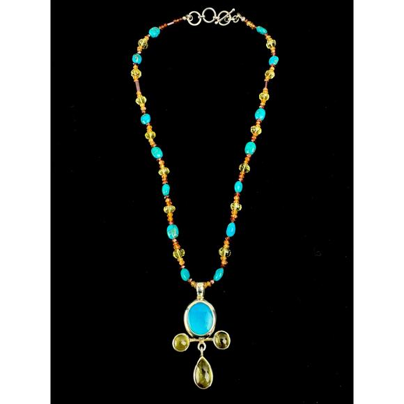 Arizona Turquoise Lemon Citrine Cross Handmade Sterling Silver Beaded Chain - Picture 4 of 7